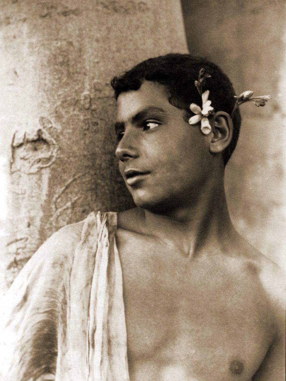 Estudo de um menino com flores no cabelo, Nápoles, c.1899 (foto sépia) de Baron Wilhelm von Gloeden