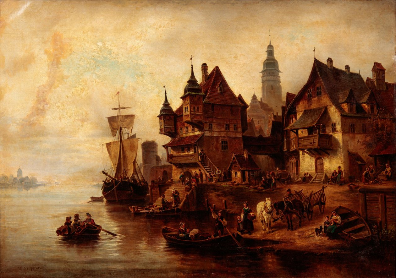 Cena de uma aldeia à beira-mar por William Alexander Meyerheim de Wilhelm Alexander Meyerheim