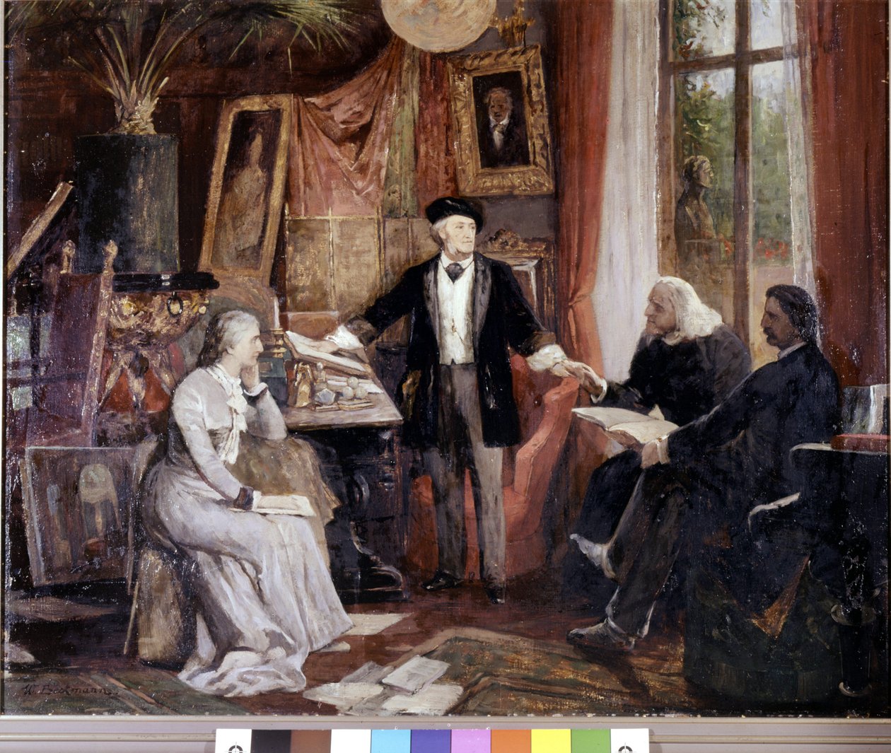 Da esquerda para a direita: Cosima Wagner, Richard Wagner, Franz Liszt e Walsogen na Villa Wahfried em Bayreuth. pintura de Beckmann de Wilhelm Beckmann