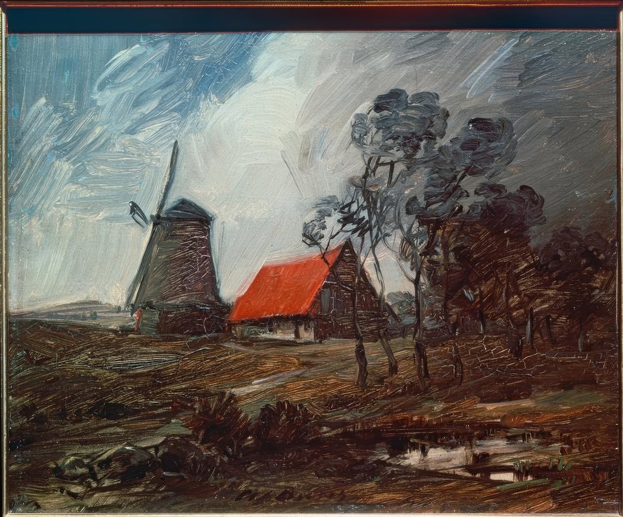 Paisagem de Outono com moinho de vento e casa vermelha de Wilhelm Busch