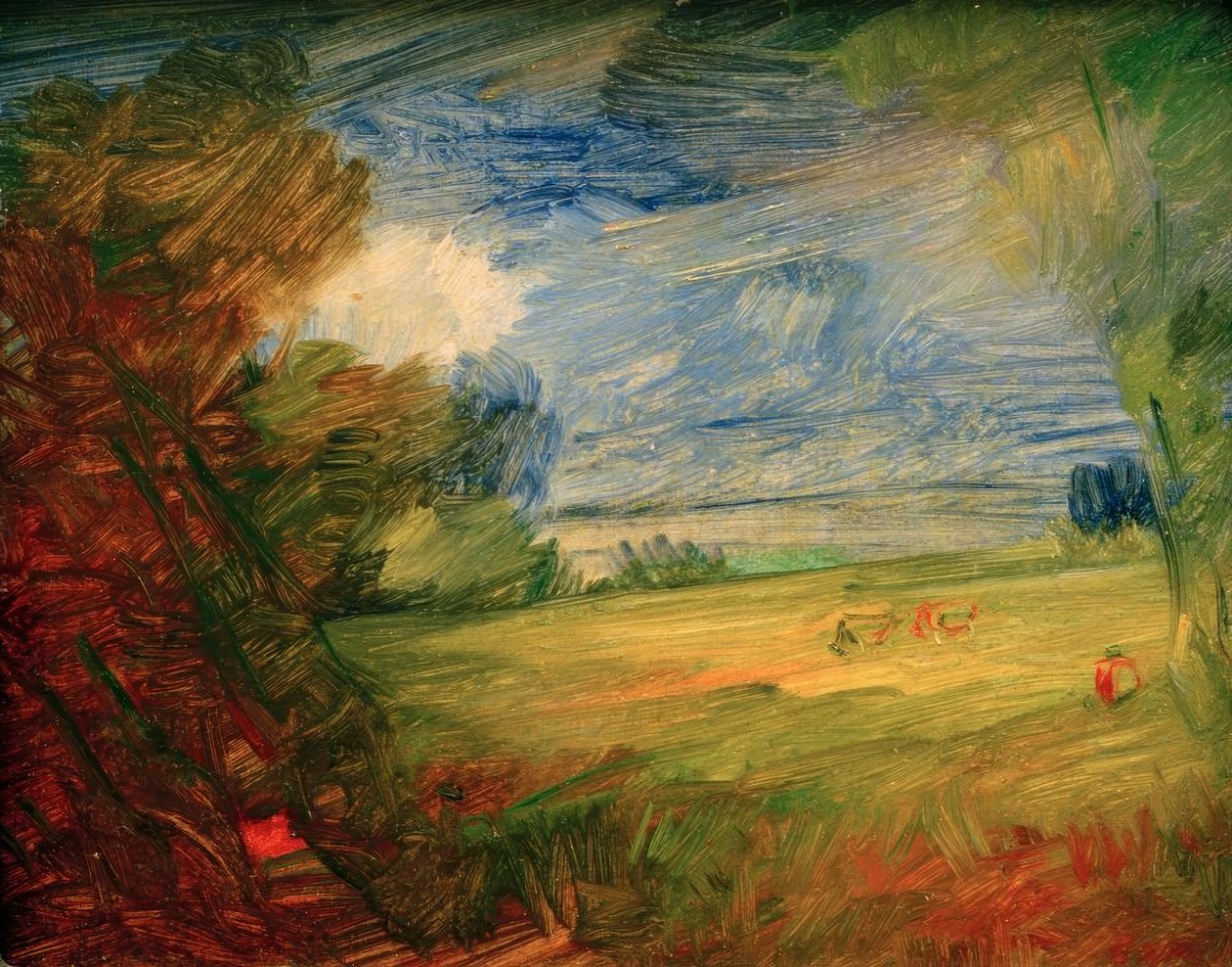 Paisagem montanhosa do prado com figura vermelha de Wilhelm Busch