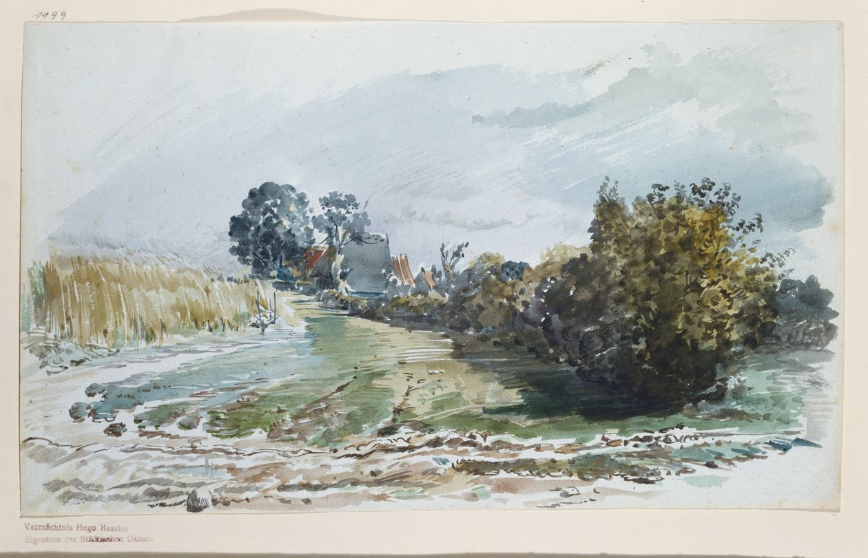 Caminho entre um campo de trigo e arbustos, com casas de campo ao fundo de Wilhelm Busch