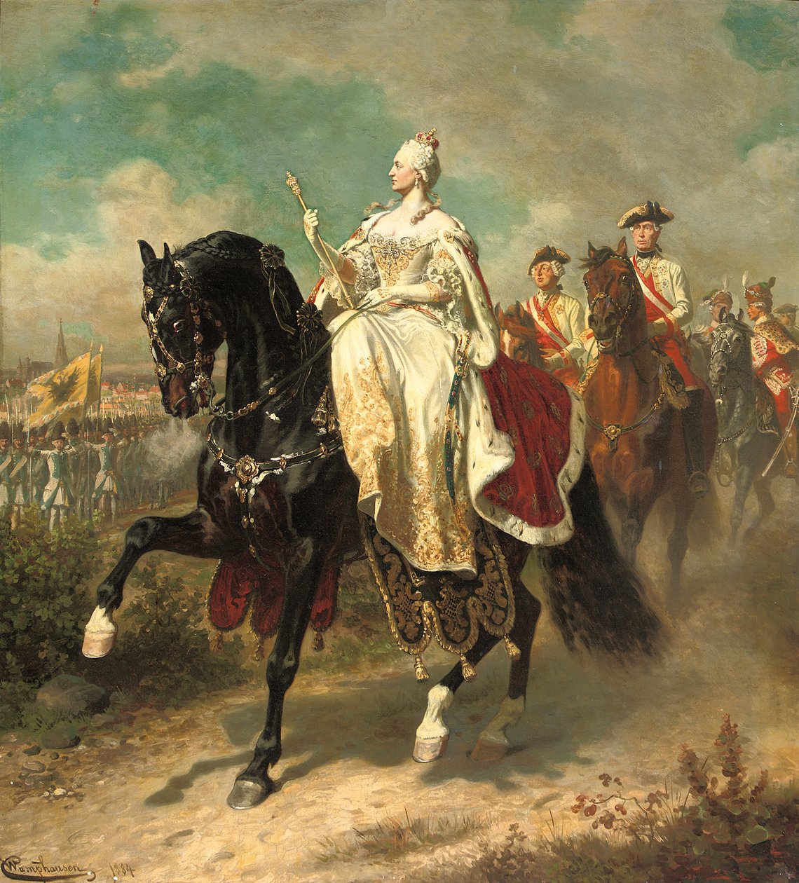 Imperatriz Maria Theresia a cavalo, inspecionando tropas austríacas, 1884 de Wilhelm Camphausen