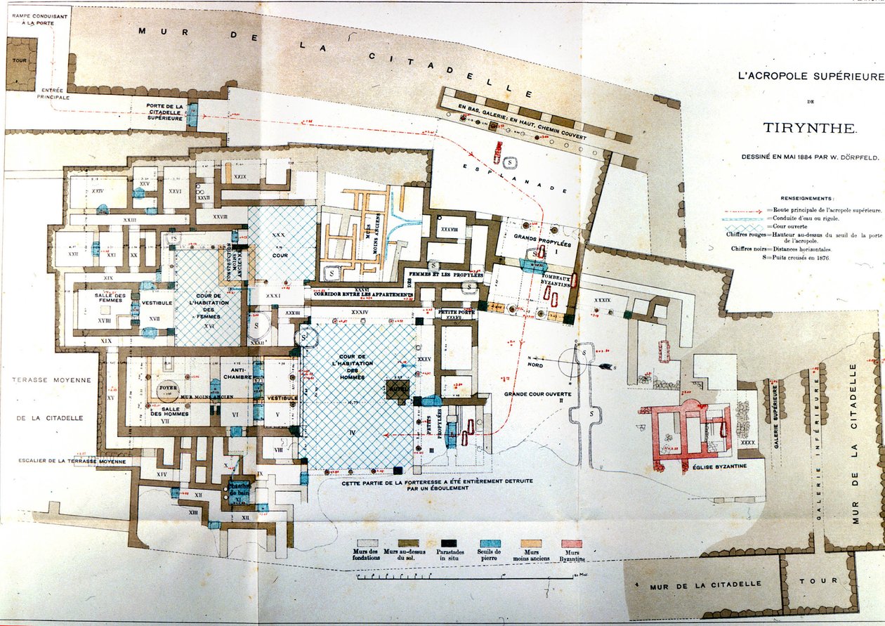 Mapa da antiga cidade da Grécia Tiryns, Heinrich Schliemann, Paris de Wilhelm Doerpfeld