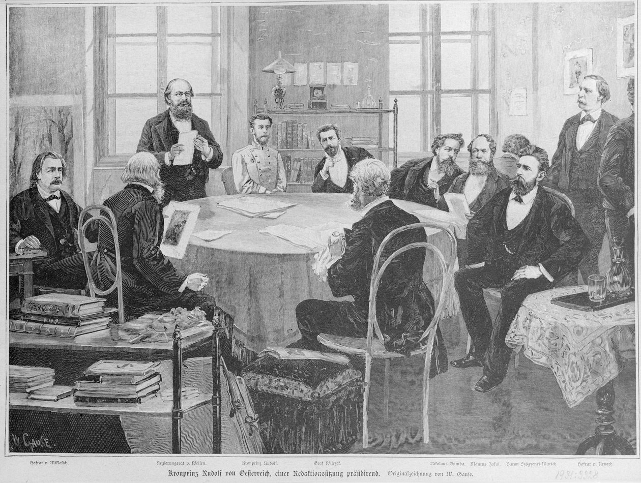 O príncipe herdeiro Rudolf numa reunião editorial (xilogravura) de Wilhelm Gause