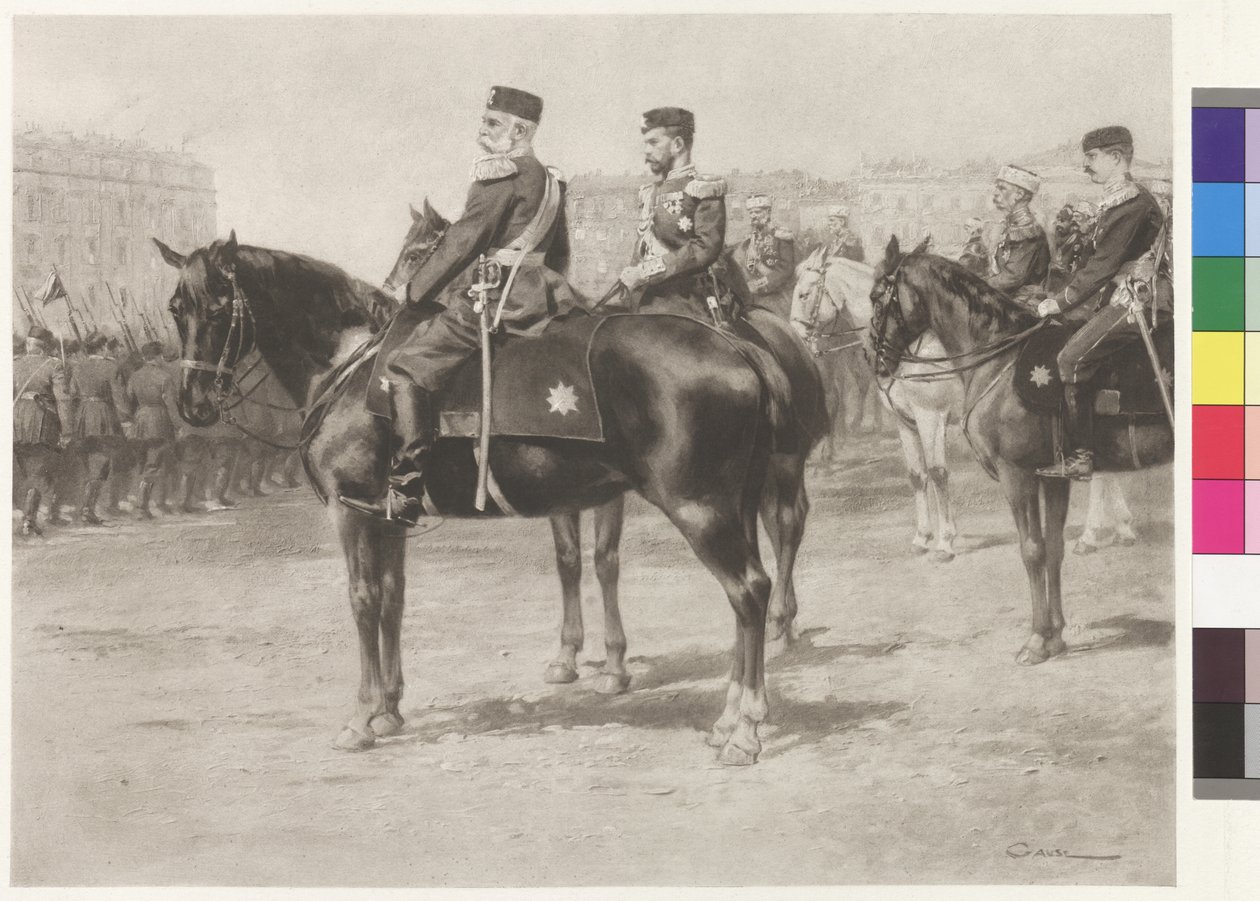 O imperador Francisco José I e o czar Nikolaus II no desfile no Champ-de-Mars em São Petersburgo de Wilhelm Gause