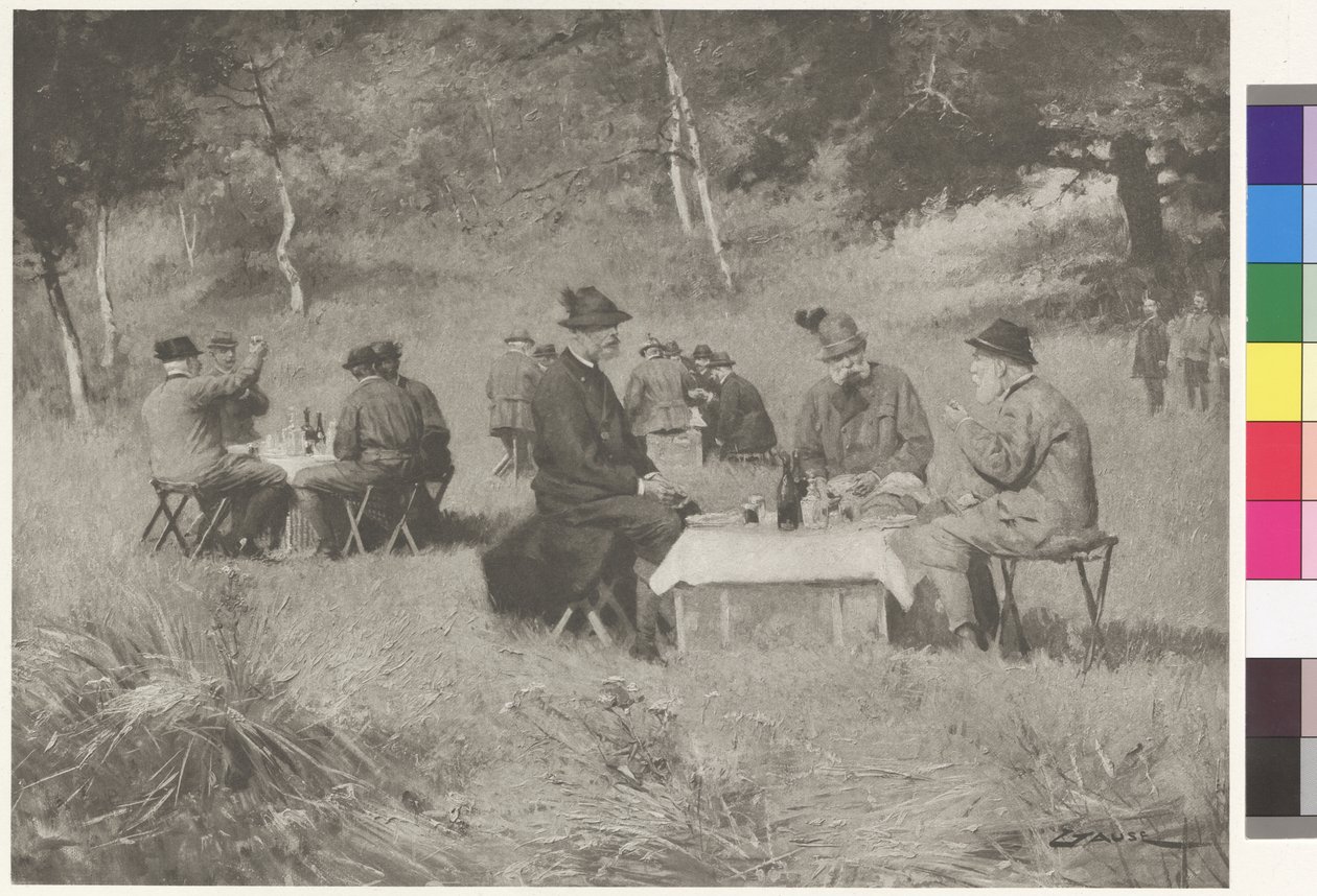 Grupo de caça - O imperador Francisco José à mesa com o príncipe Leopoldo da Baviera e o grão-duque Fernando IV da Toscânia de Wilhelm Gause