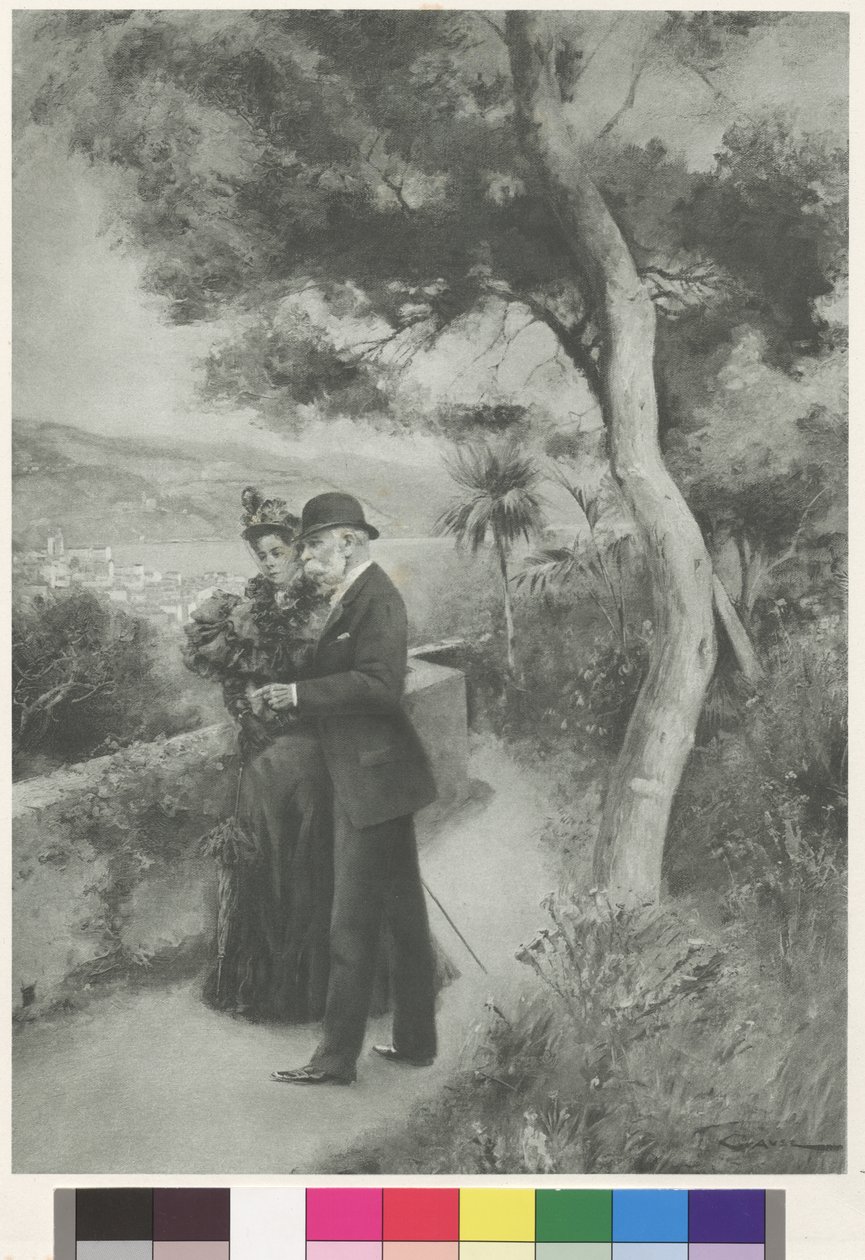 O casal imperial austríaco no jardim do hotel Cap Martin (gravura) de Wilhelm Gause