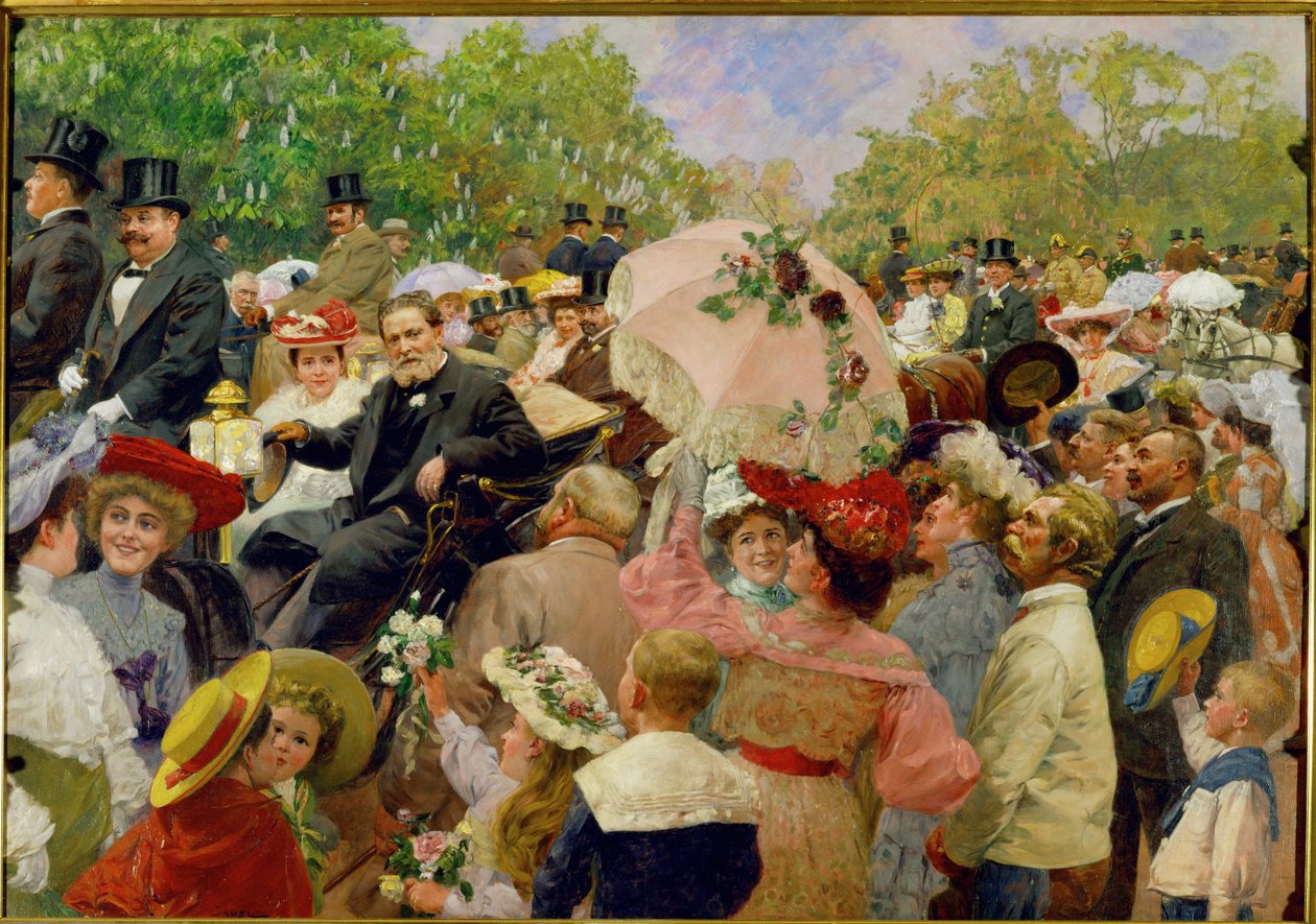 O presidente da Câmara Municipal de Viena, Karl Lueger, no seu coche durante o corso de flores no Prater de Viena, em ... de Wilhelm Gause