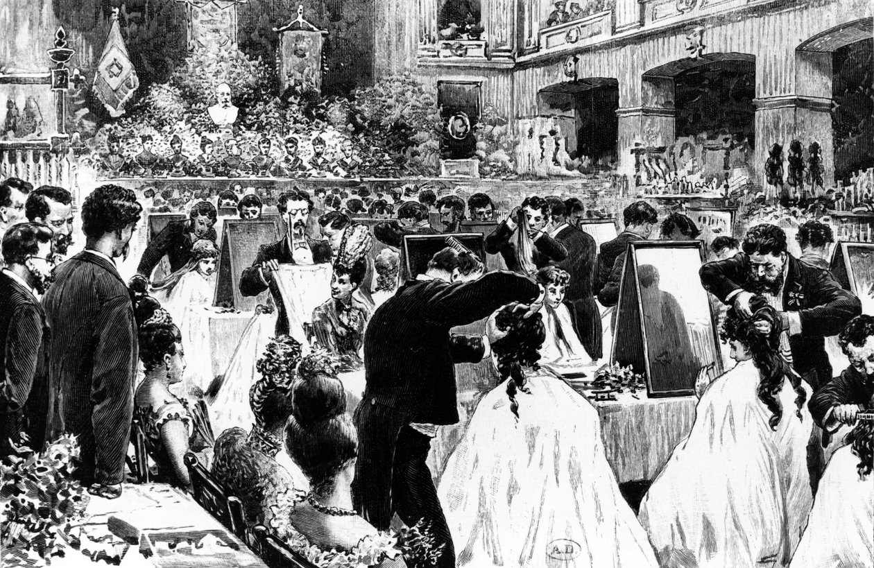 Demonstração de Hairstyling pela Associação Alemã de Cabeleireiros na Casa de Concerto de Berlim, 1887 de Wilhelm Geissler
