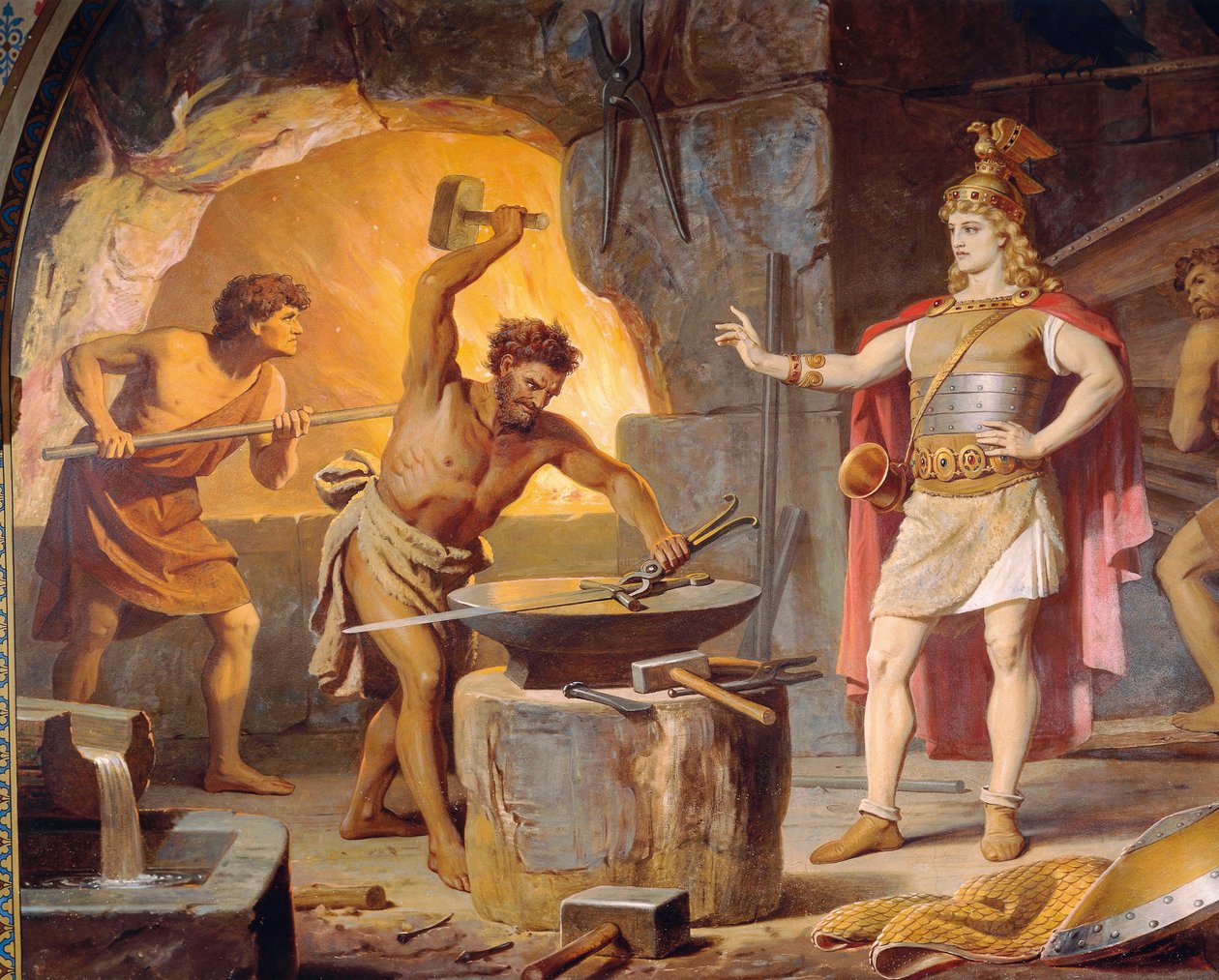Sigurd vai para o anão Mime, da Saga Sigurd, salão inferior, c.1882-83 (mural) de Wilhelm Hauschild