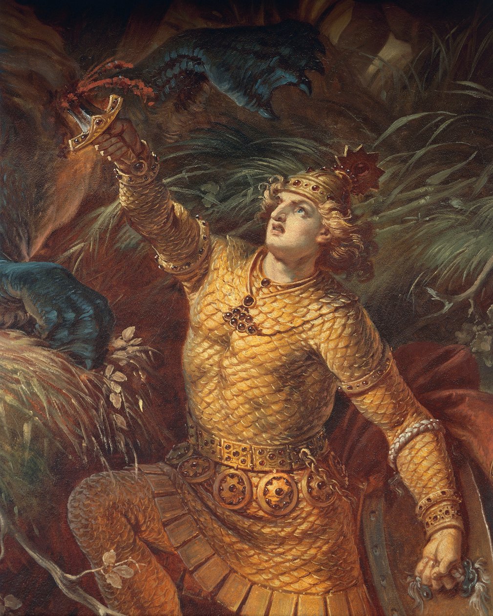 Sigurd matando o dragão Fafuir segurando a espada Gram, detalhe, da Saga Sigurd, salão inferior, c.1882-83 (mural) (ver também 419035) de Wilhelm Hauschild