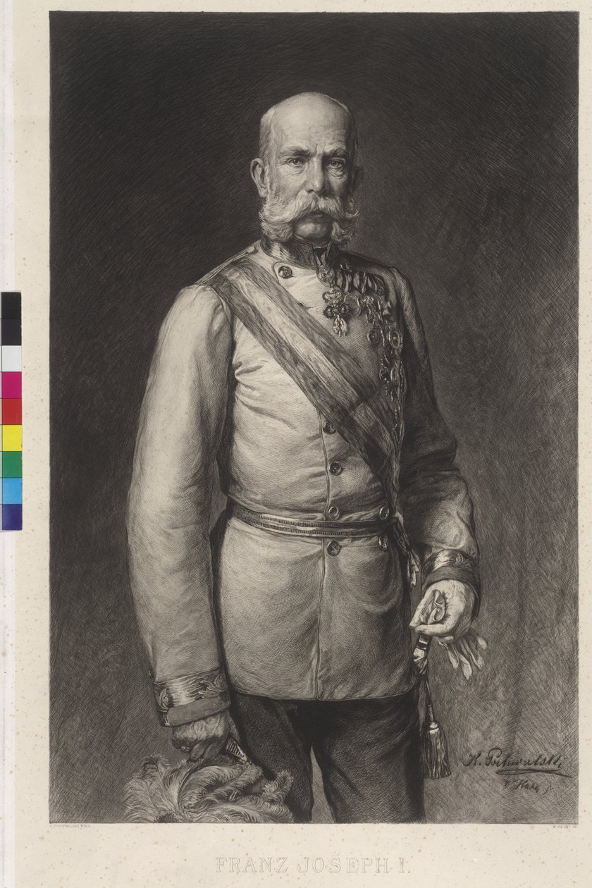 Francisco José I em uniforme de gala de marechal-de-campo, o chapéu de gala em forma de raquete de Wilhelm Hecht