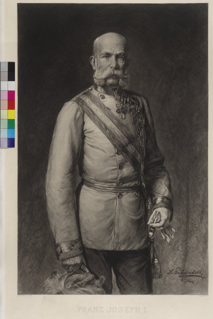 Francisco José I em uniforme de gala de marechal-de-campo, o chapéu de gala em forma de raquete de Wilhelm Hecht