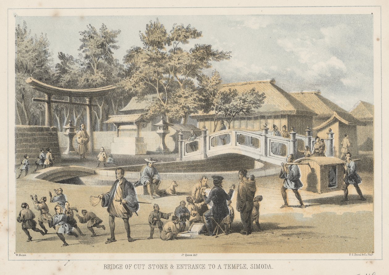 Ponte de pedra cortada e entrada para um templo, Simoda, 1855 de Wilhelm Joseph Heine