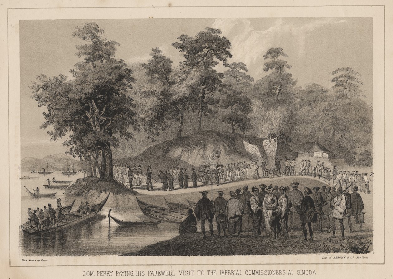 Com. Perry pagando sua visita de despedida aos comissários imperiais em Simoda, 1855 de Wilhelm Joseph Heine