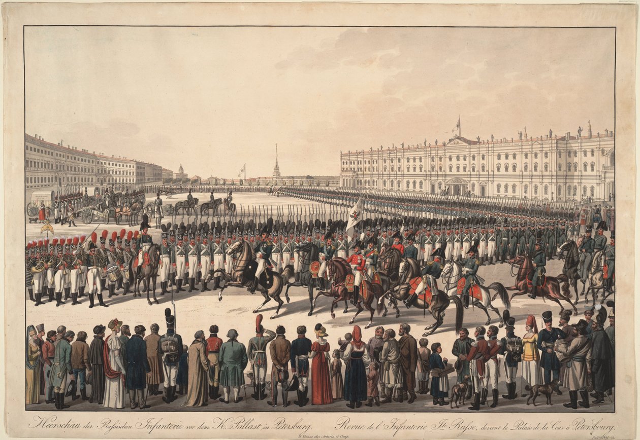 Uma revisão da infantaria russa na Praça do Palácio em São Petersburgo, 1809-1813 de Wilhelm Kobell Ritter von