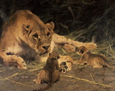 Uma leoa e os seus Leõezinhos de Wilhelm Kuhnert