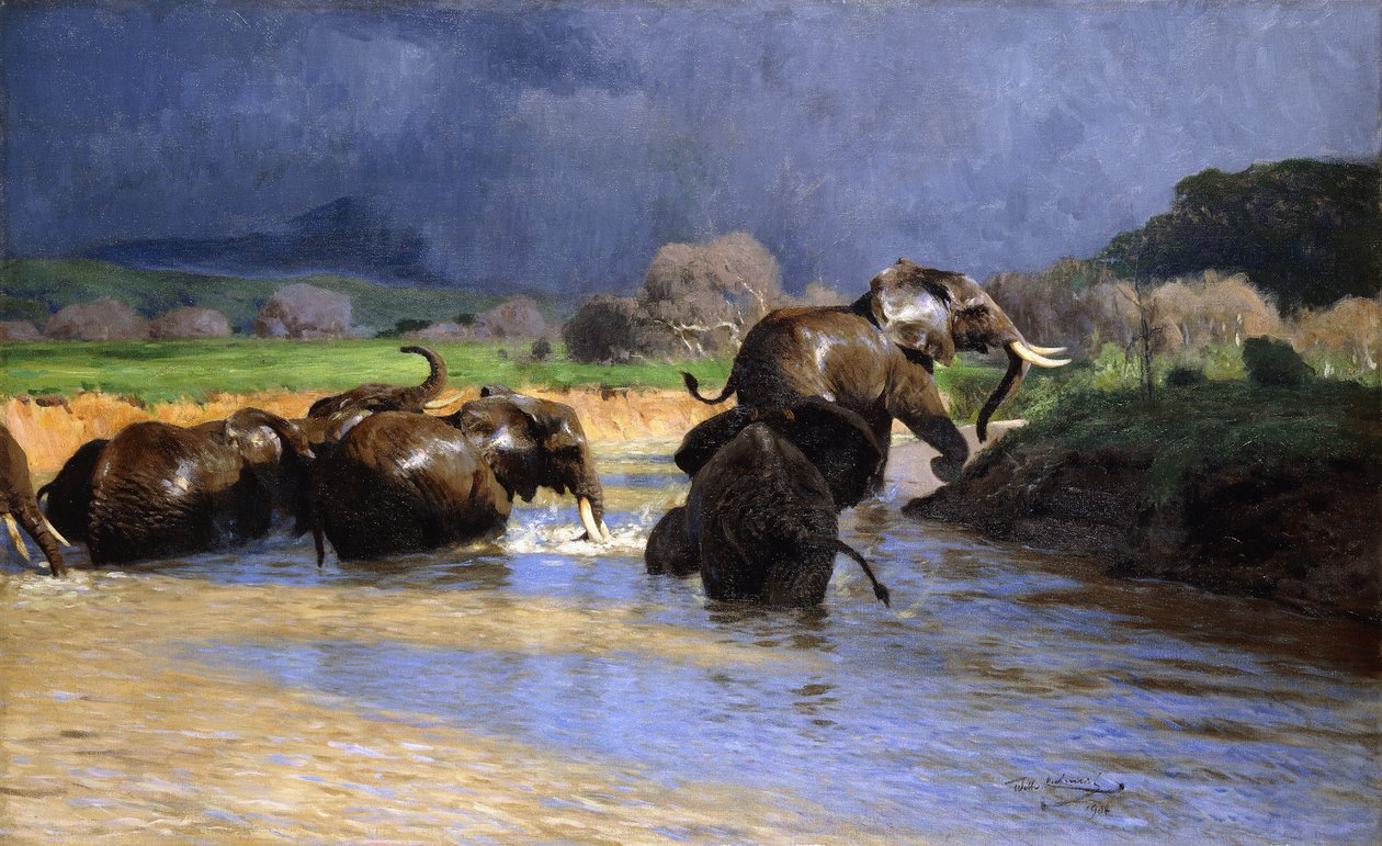 Banho de elefantes; Banhando Elefantes, 1908 de Wilhelm Kuhnert