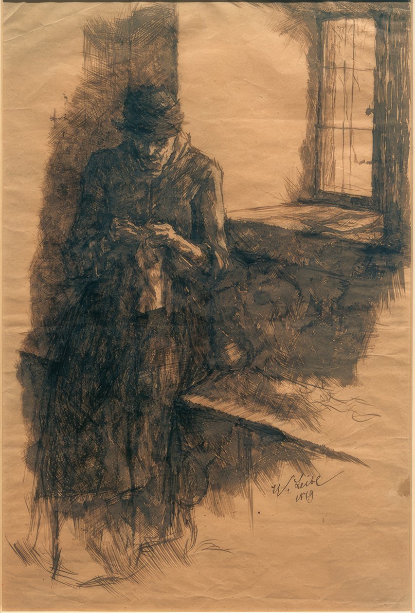 Velha camponesa, tricotando de Wilhelm Maria Hubertus Leibl
