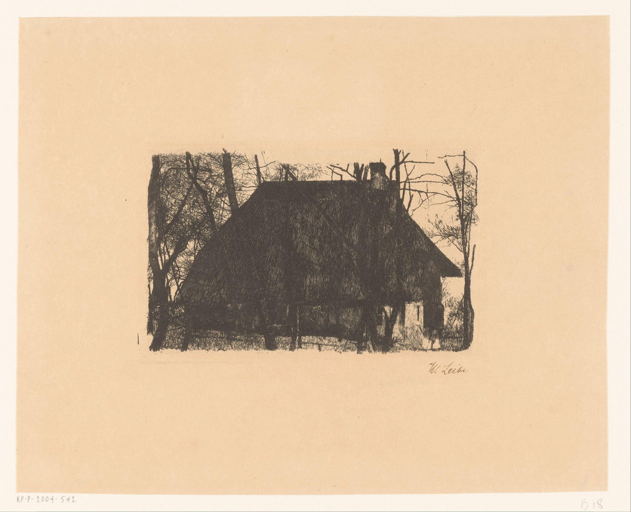 Fazenda entre árvores nuas de Wilhelm Maria Hubertus Leibl (signed by artist)