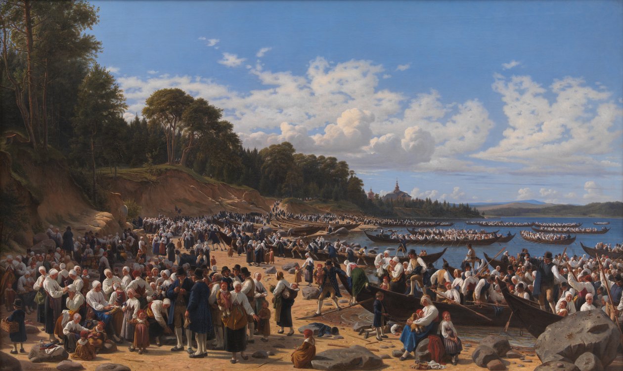 Freqüentadores da Igreja chegando de barco na Igreja Paroquial de Leksand no Lago Siljan, Suécia de Wilhelm Marstrand