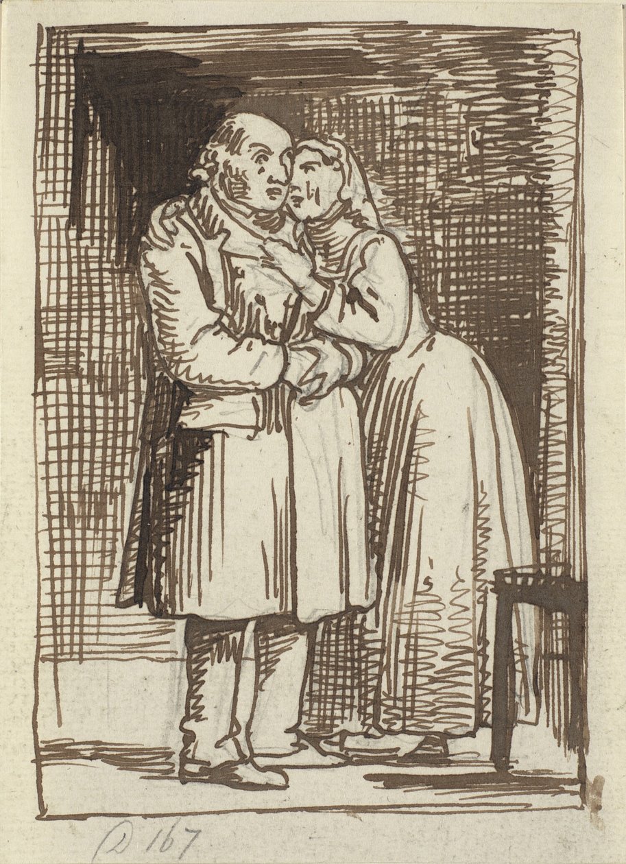 A esposa desleixada Uma esposa fala urgentemente com seu velho marido e tem os braços em volta do pescoço de Wilhelm Marstrand