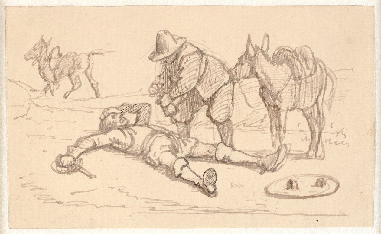 Dom Quixote fica ferido e é ajudado por Sancho de Wilhelm Marstrand