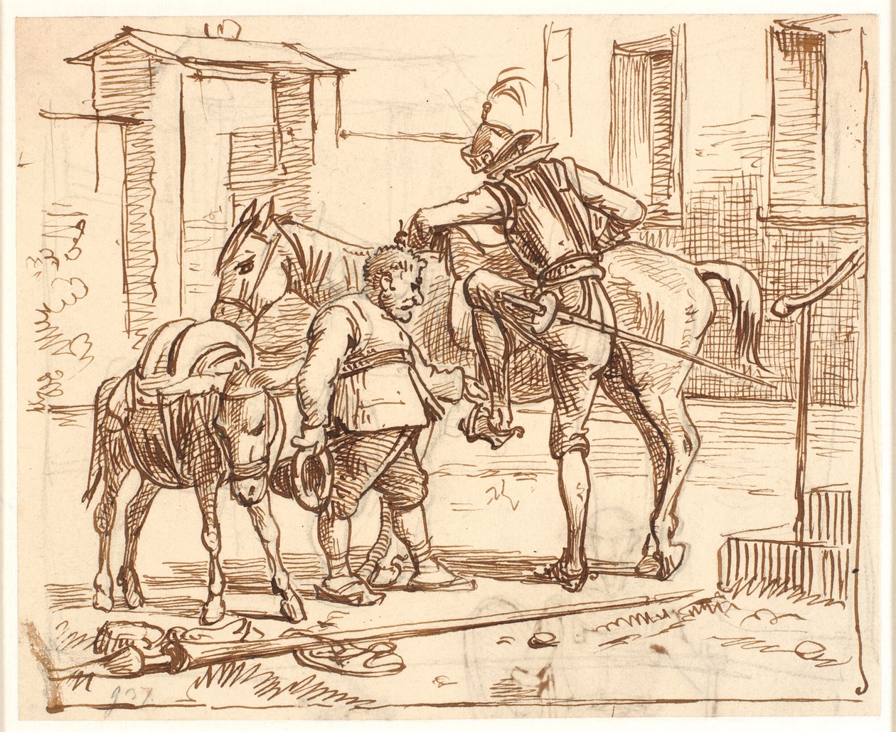 Dom Quixote monta seu cavalo de Wilhelm Marstrand