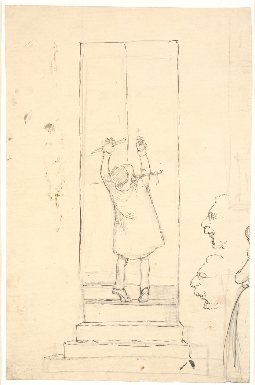 Um homem pequeno fica na ponta dos pés para abrir uma porta com um martelo. Esboço de perfis e mulher de Wilhelm Marstrand
