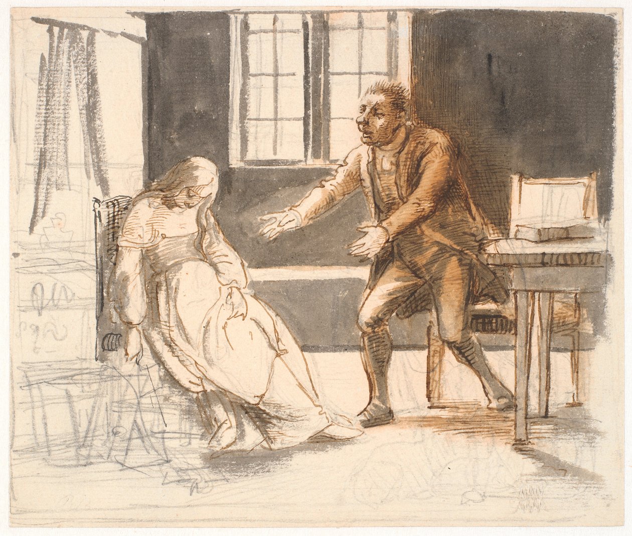 Um homem estica os braços para uma mulher que está sentada desmaiada em uma cadeira de Wilhelm Marstrand