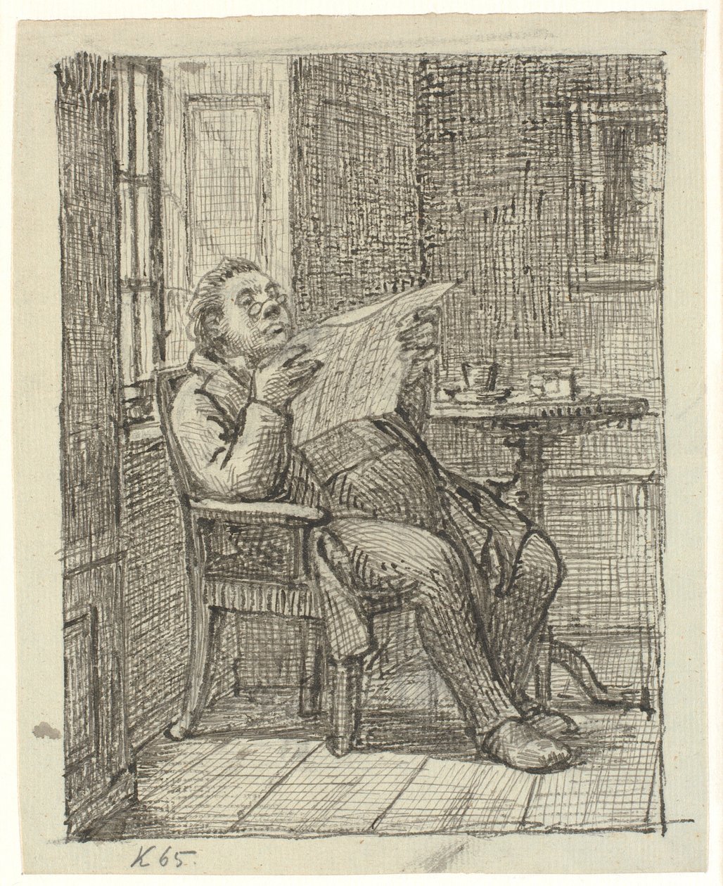 Um cavalheiro gordo lendo um jornal com seu café de Wilhelm Marstrand