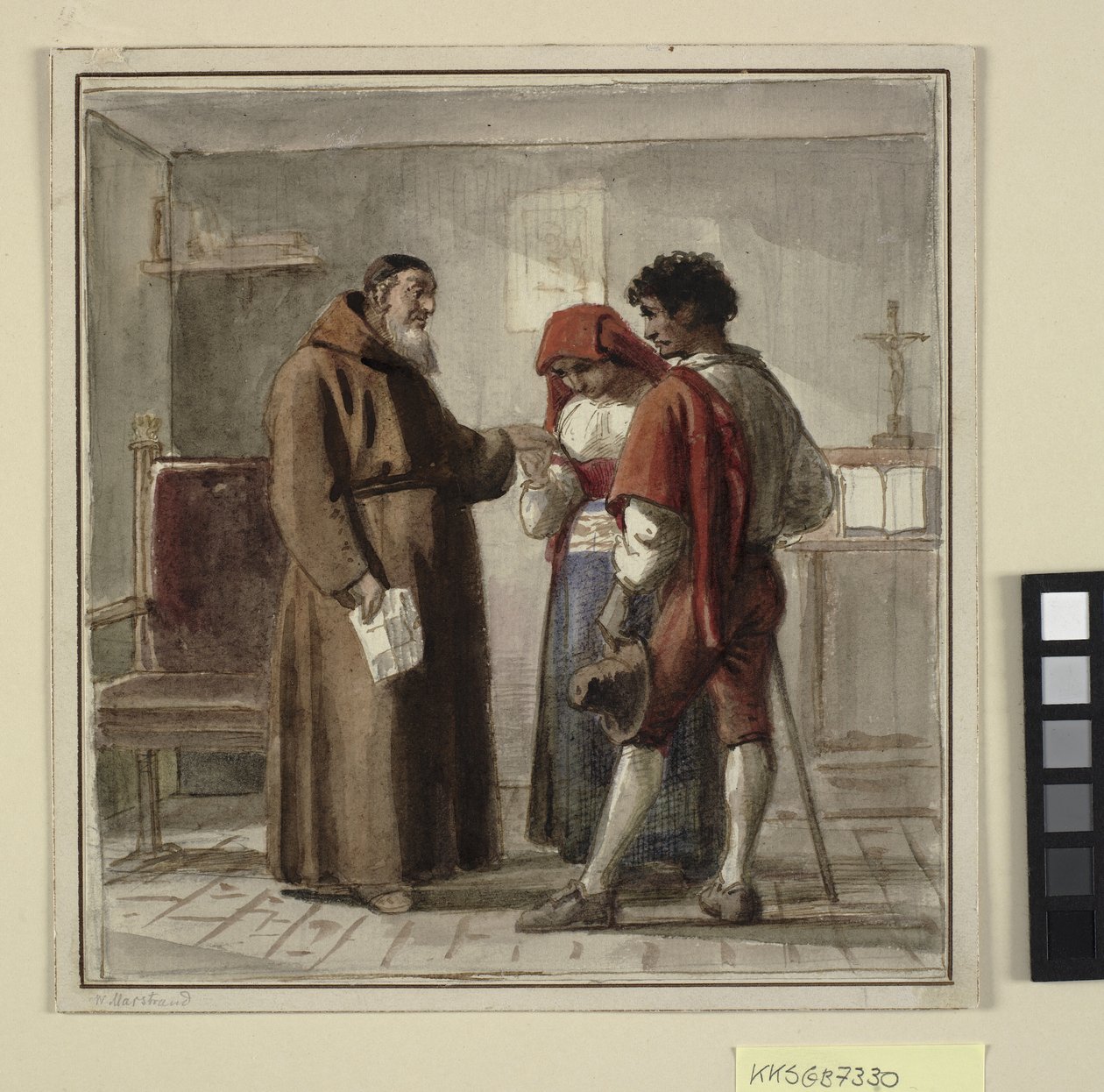Um jovem casal de camponeses com um monge em sua cela de Wilhelm Marstrand