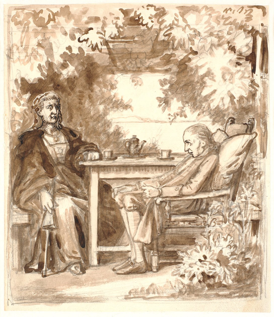 Ewald é visitado por sua mãe de coração duro em Rungsted em um gazebo com vista para Hven de Wilhelm Marstrand