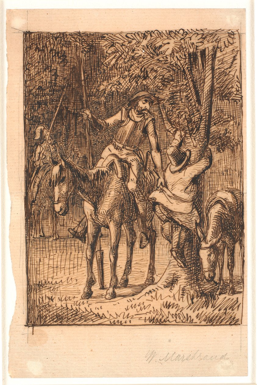 Antes da luta com o Cavaleiro dos Espelhos, Dom Quixote ajuda Sancho Pança a subir em uma árvore de Wilhelm Marstrand