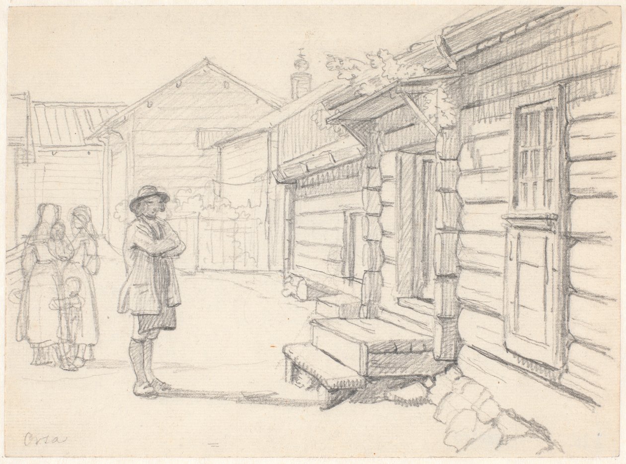 Rua em Orsa, Dalarne, com duas mulheres à esquerda, uma criança e um homem de Wilhelm Marstrand