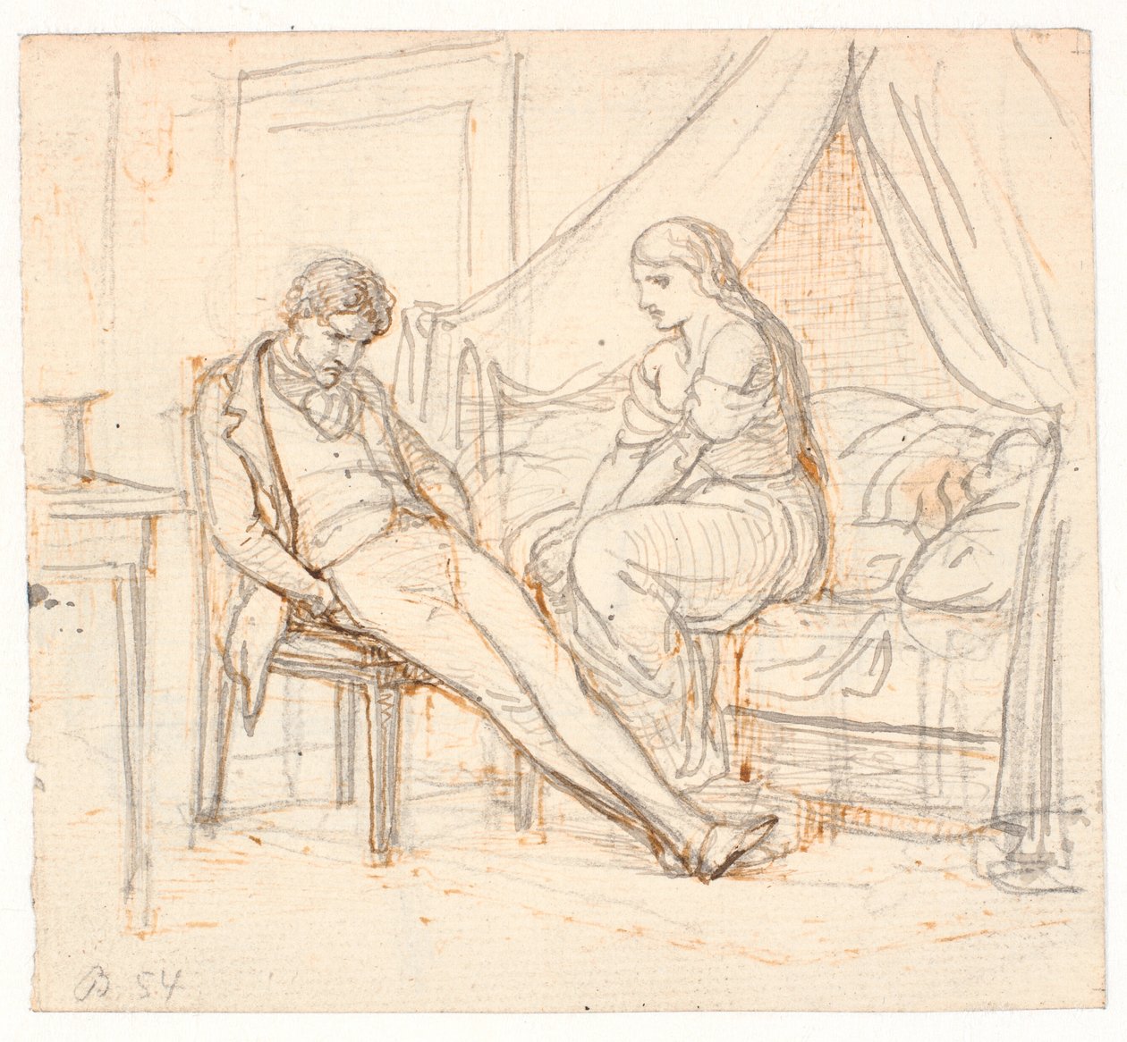 Interior com jovem desanimado e uma garota em uma cama de Wilhelm Marstrand