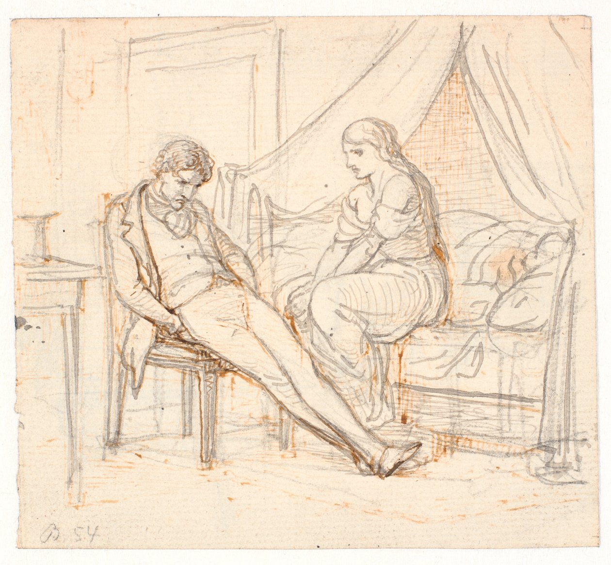 Interior com jovem desanimado e uma garota em uma cama de Wilhelm Marstrand