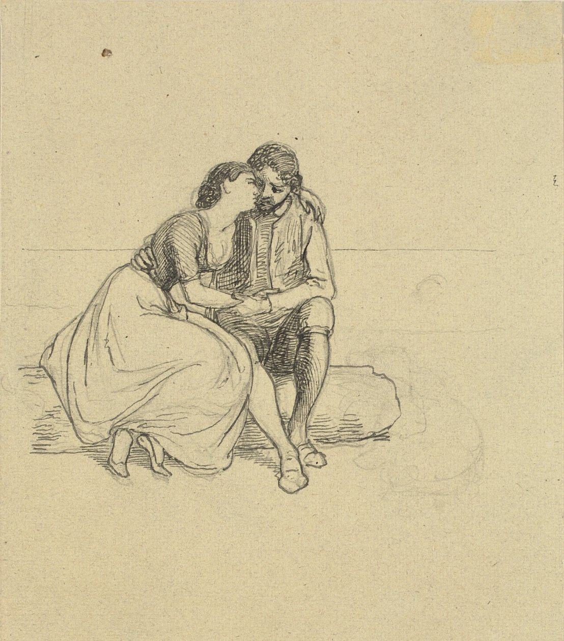 Casal de amantes em trajes nacionais sentado em um tronco de Wilhelm Marstrand