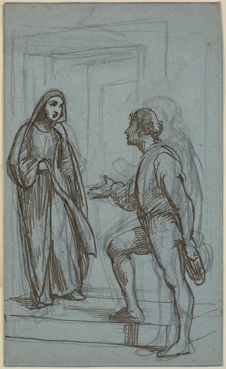 Uma mulher sai por uma porta e um jovem recebe-a de Wilhelm Marstrand