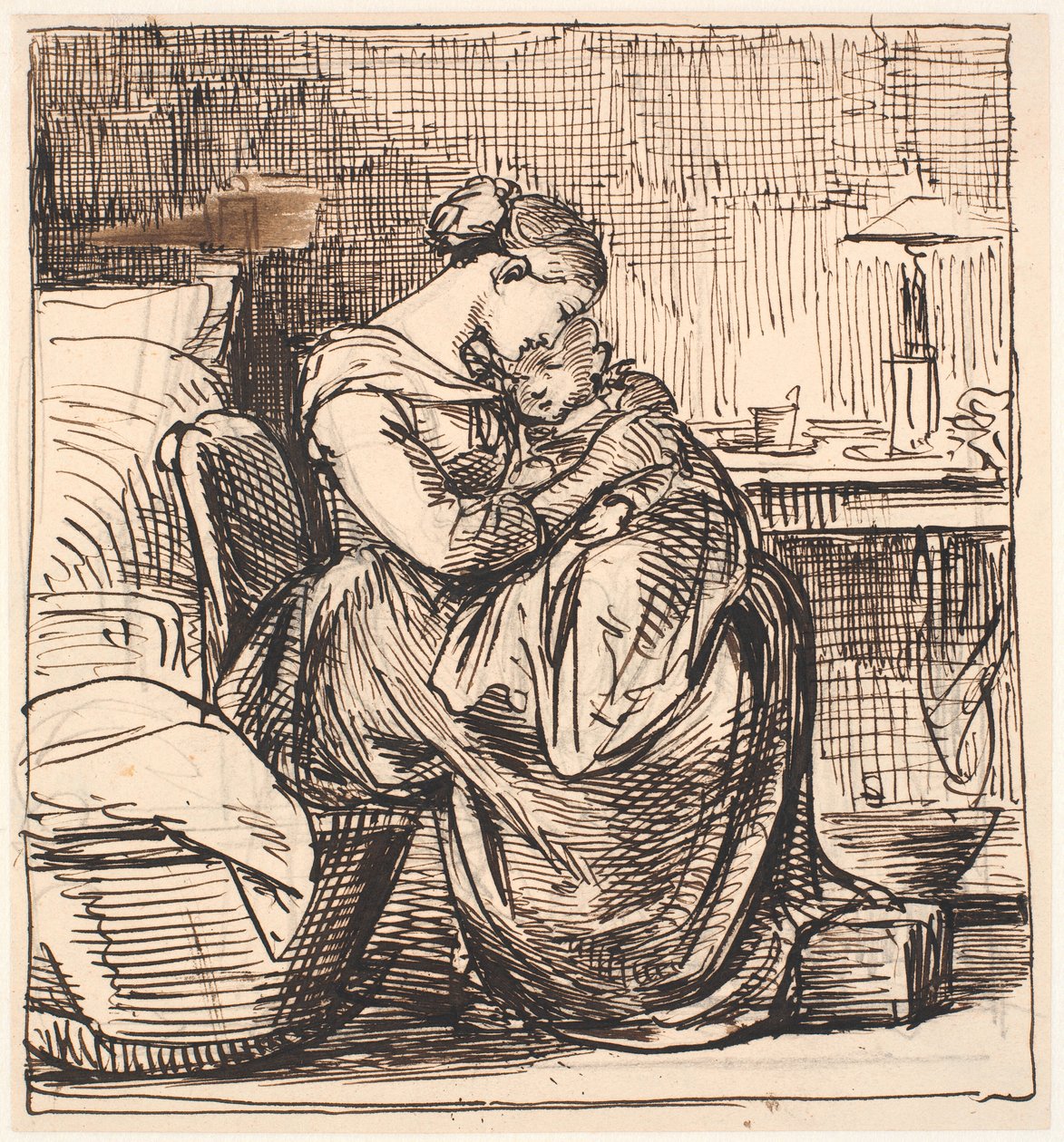 Mãe com filho dormindo no colo no quarto de Wilhelm Marstrand