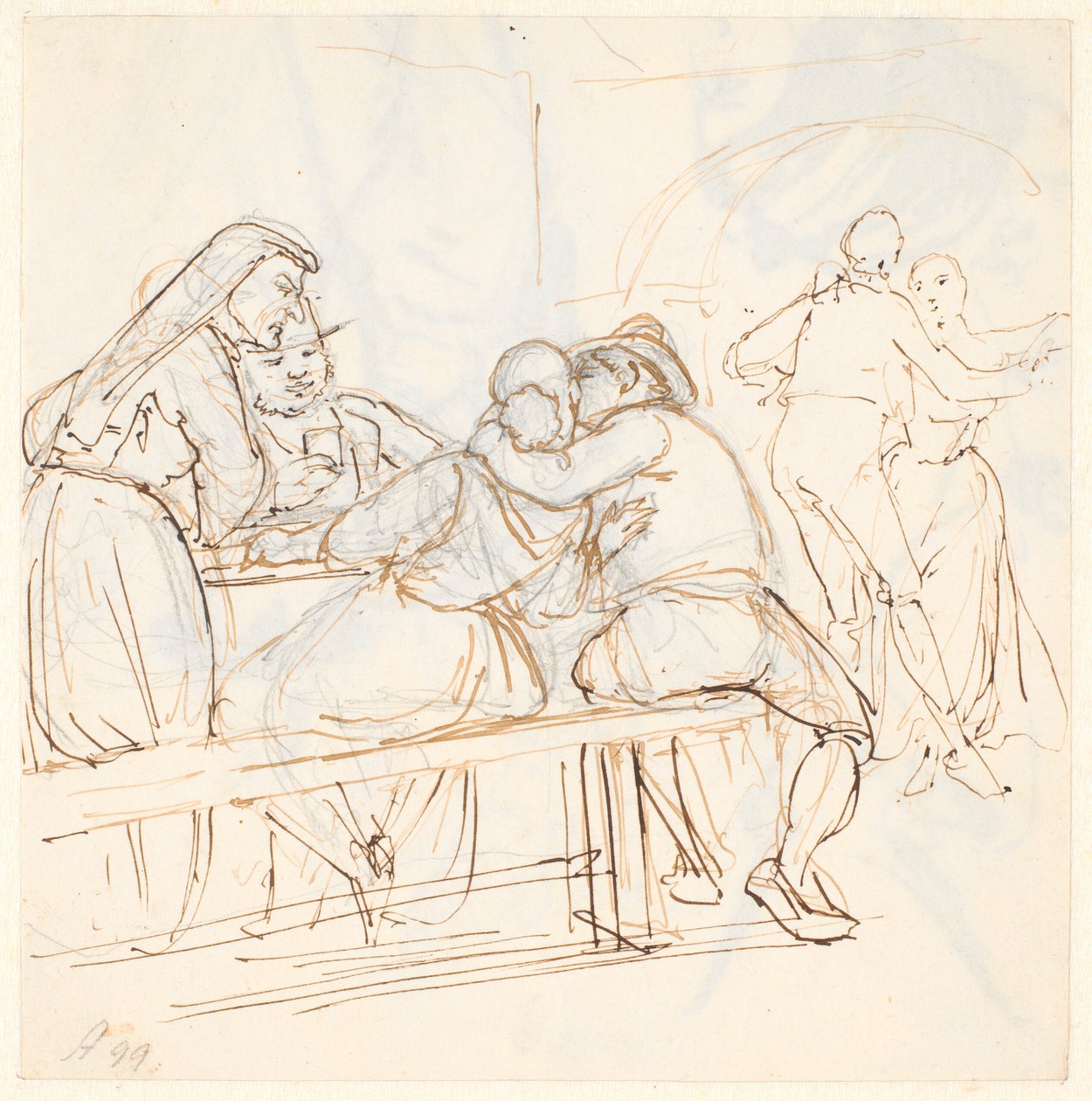 Cena de ostra, em primeiro plano um casal sentado se beijando de Wilhelm Marstrand