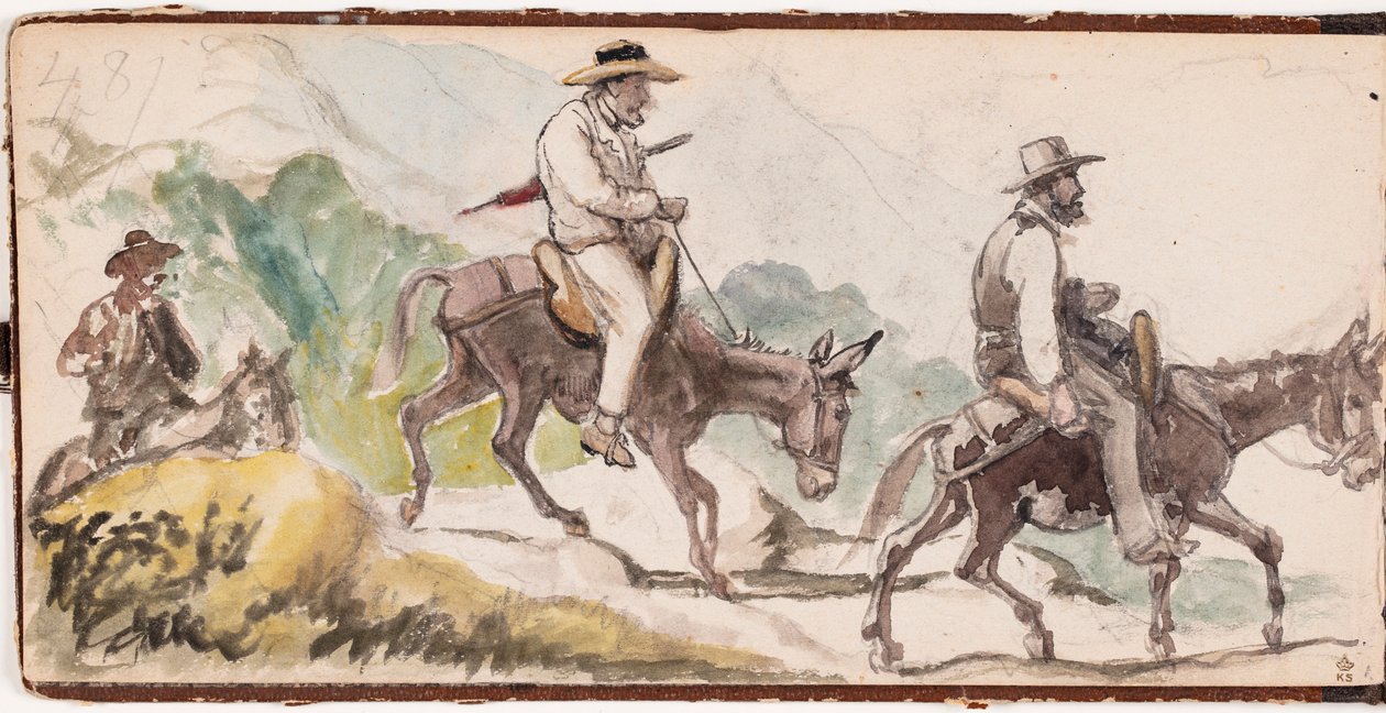 P.C. Skovgaard e A. Kittendorff montados em burros numa paisagem montanhosa de Wilhelm Marstrand