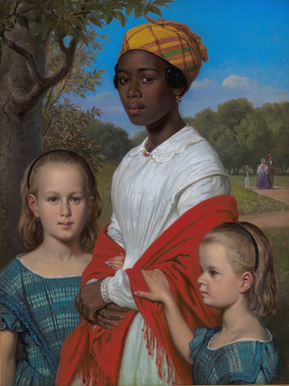 Retrato das duas filhas de Otto Marstrand e sua babá das Índias Ocidentais, Justina Antoine, nos Jardins Frederiksberg, perto de Copenhague de Wilhelm Marstrand