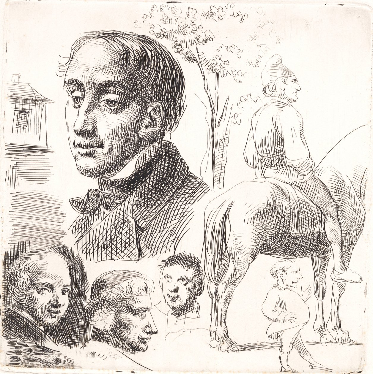 Folha de ensaio em estilografia com cabeças de retrato, um camponês a cavalo, etc. de Wilhelm Marstrand