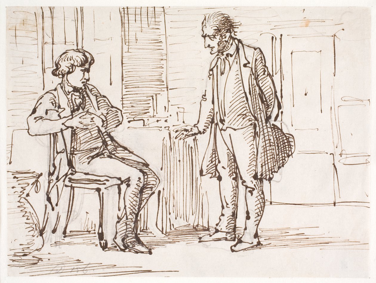 Conversa entre um homem mais jovem sentado e um homem mais velho em pé de Wilhelm Marstrand