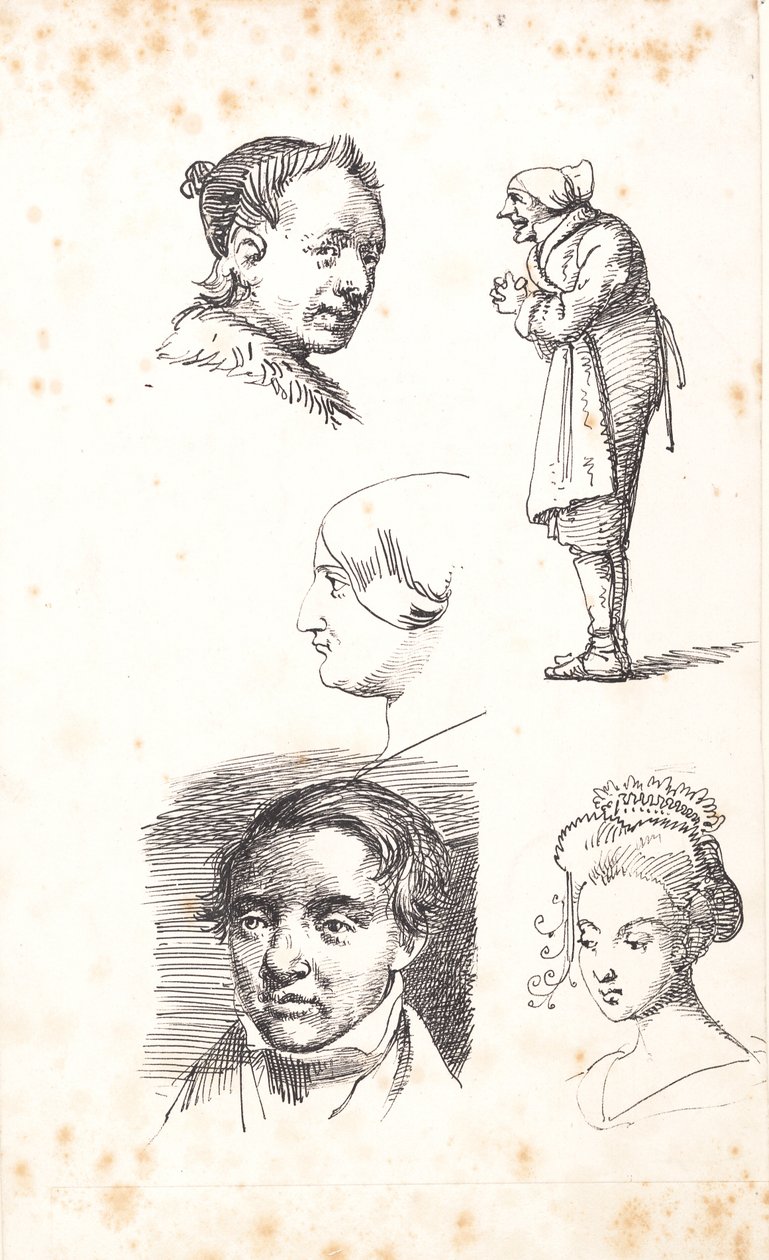 Folha de estudo com duas cabeças masculinas, duas cabeças femininas e um homem em pé de Wilhelm Marstrand