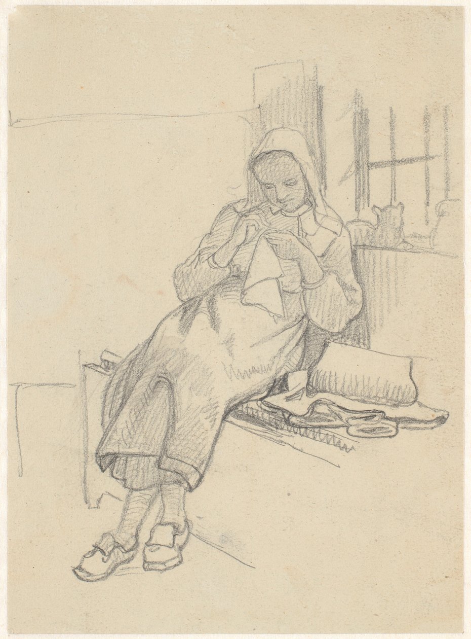 Garota sueca com roupas de costura, sentada no peitoril da janela de Wilhelm Marstrand