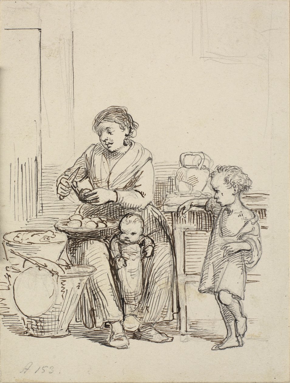 Dois filhos e a mulher estão a descascar batatas de Wilhelm Marstrand