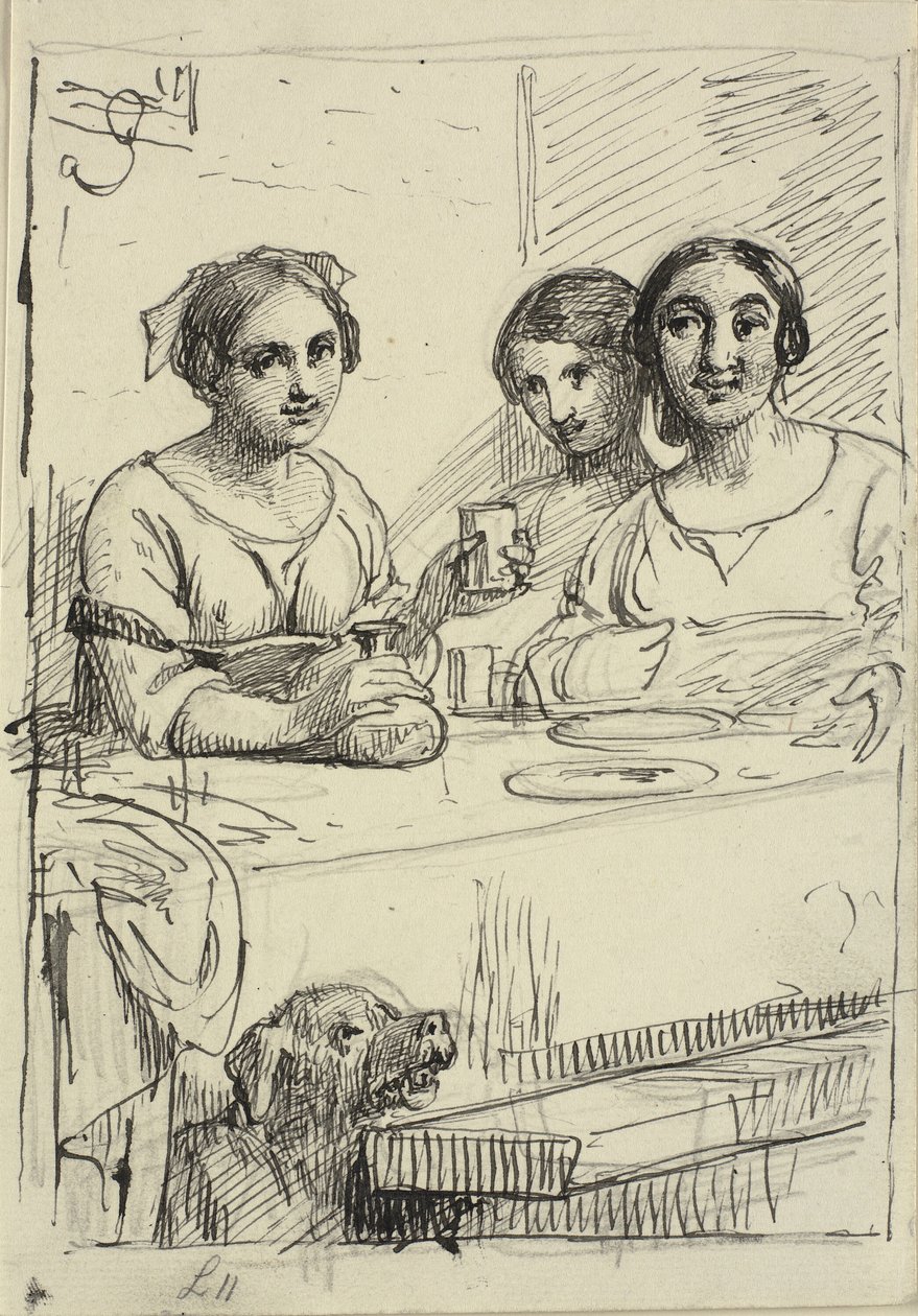 Três garotas em uma mesa, debaixo da mesa um cachorro de Wilhelm Marstrand
